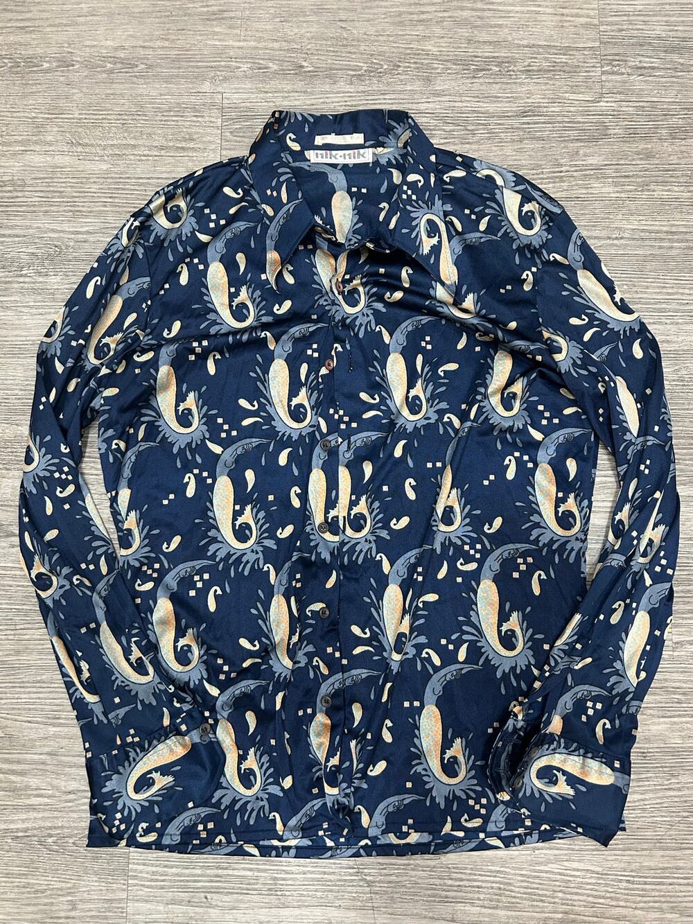 Vintage 70s Nik-Nik Mens XL Paisley Mermaid Disco Shirt Nylon Made in Italy Rare